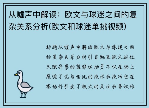 从嘘声中解读：欧文与球迷之间的复杂关系分析(欧文和球迷单挑视频)